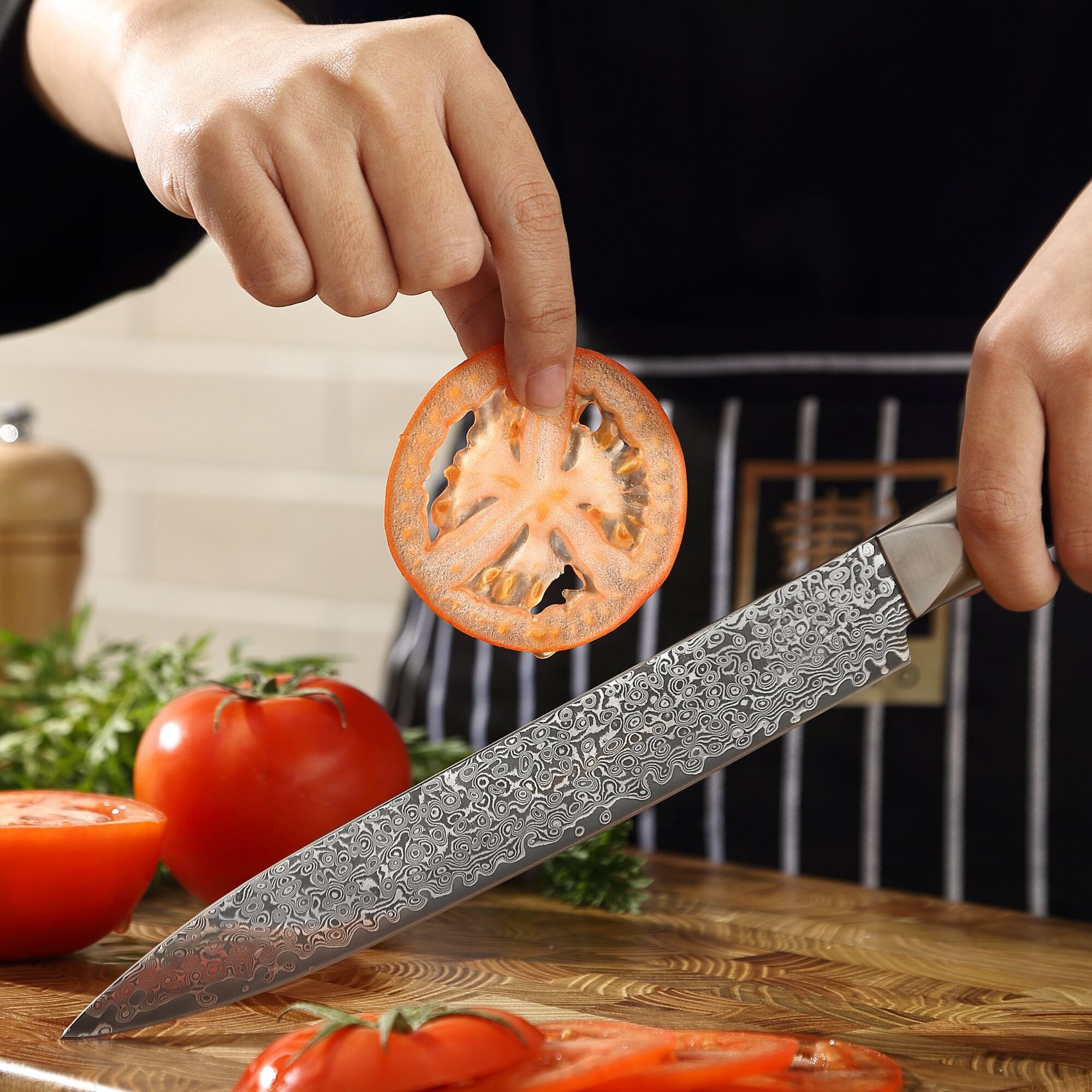 Zayiko Black Edition - Tranchier- und Fleischmesser 20,7cm - Damastmesser aus schwarzem Stahl