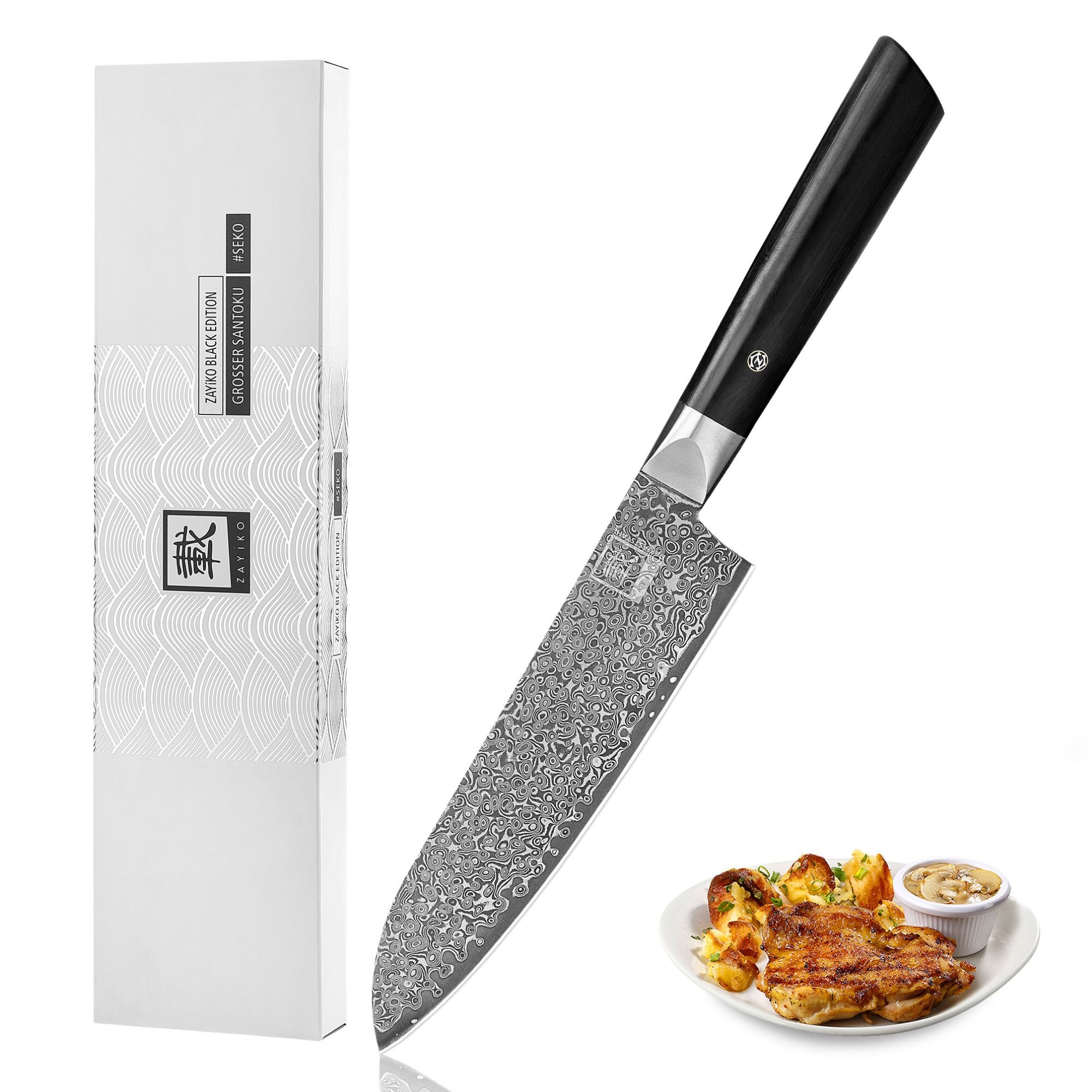 Zayiko Black Edition - Santoku 18 cm - Damastmesser aus schwarzem Stahl