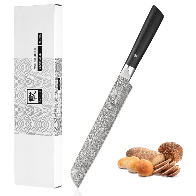 Zayiko Black Edition - Brotmesser 20 cm - Damastmesser aus schwarzem Stahl