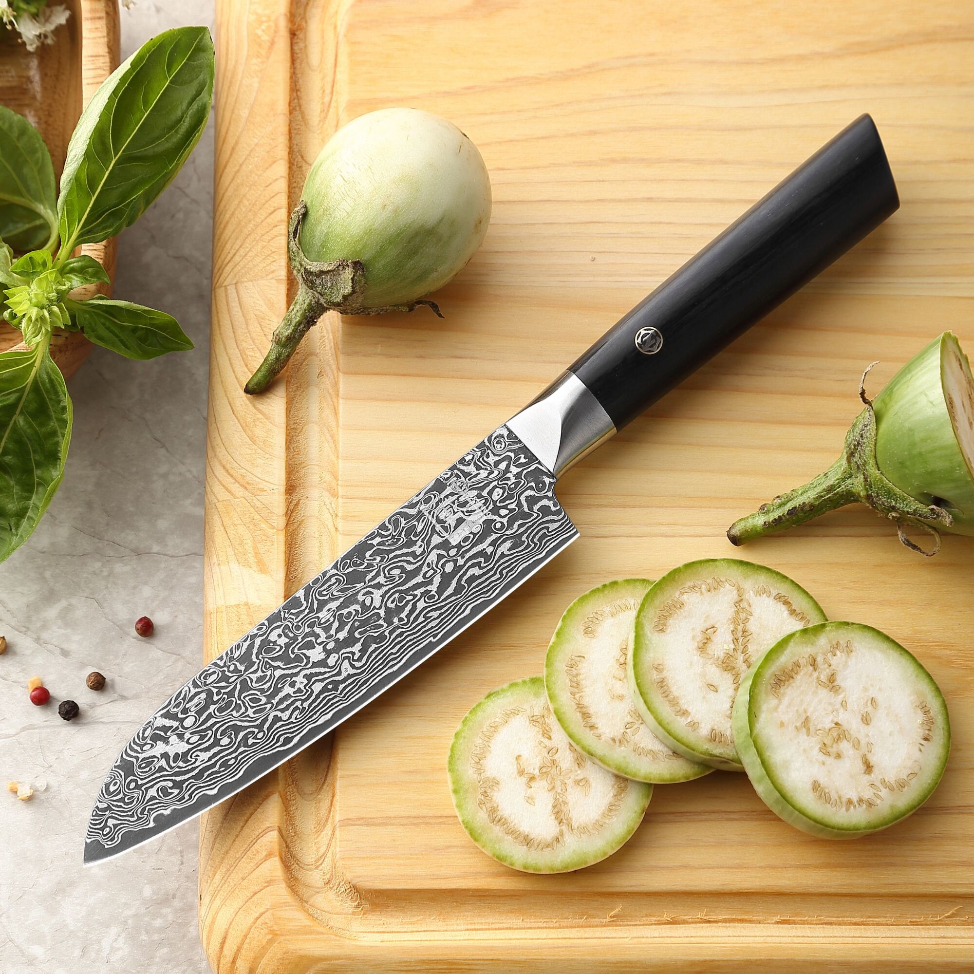 Zayiko Black Edition - Santoku klein 13 cm - Damastmesser aus schwarzem Stahl