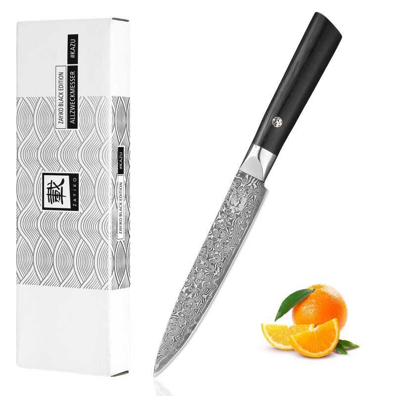 Zayiko Black Edition - Allzweckmesser 13 cm - Damastmesser aus schwarzem Stahl