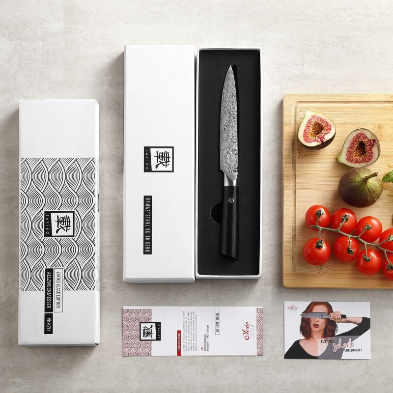 Zayiko Black Edition - Allzweckmesser 13 cm - Damastmesser aus schwarzem Stahl