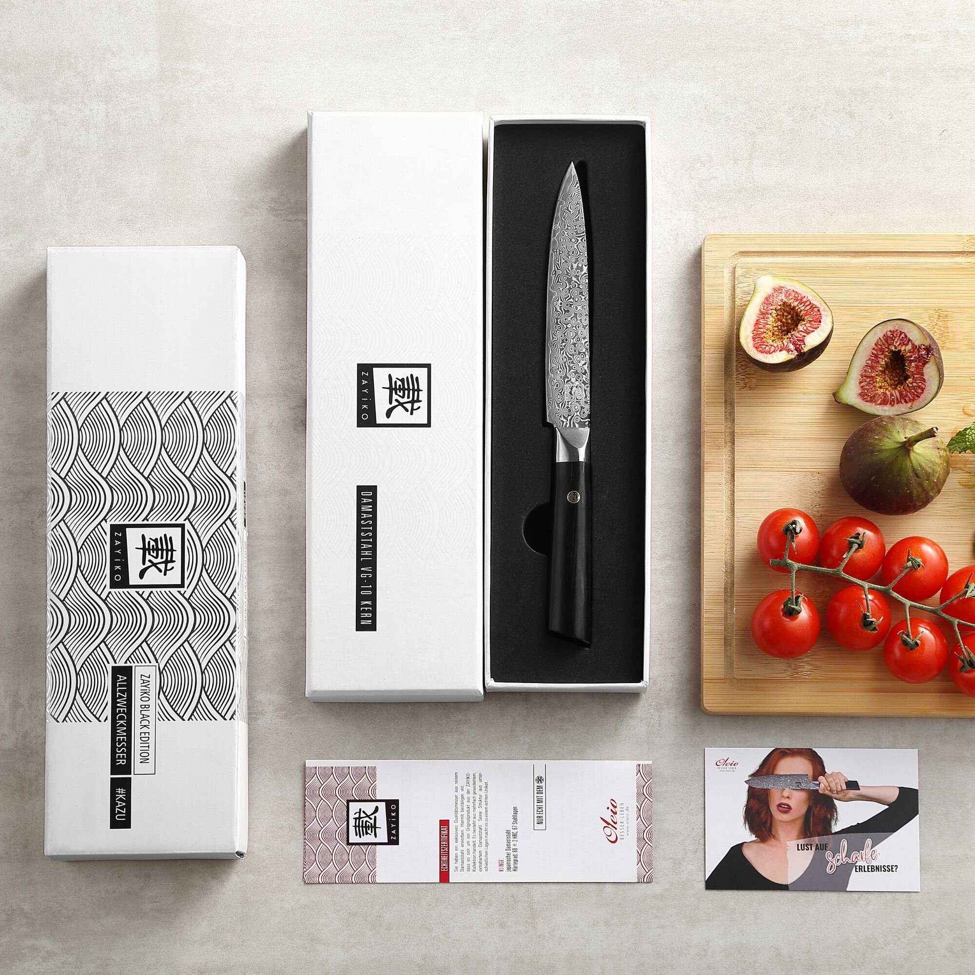 Zayiko Black Edition - Allzweckmesser 13 cm - Damastmesser aus schwarzem Stahl