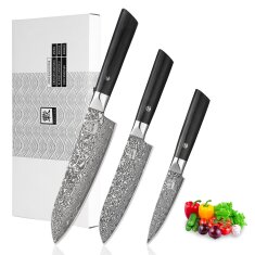 Zayiko Black Edition - 3er Set - Santoku, kleines Santoku, Officemesser - Damastmesser aus schwarzem Stahl