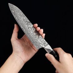 Zayiko Black Edition - 3er Set - Santoku, kleines Santoku, Officemesser - Damastmesser aus schwarzem Stahl