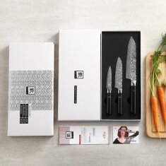 Zayiko Black Edition - 3er Set - Santoku, kleines Santoku, Officemesser - Damastmesser aus schwarzem Stahl
