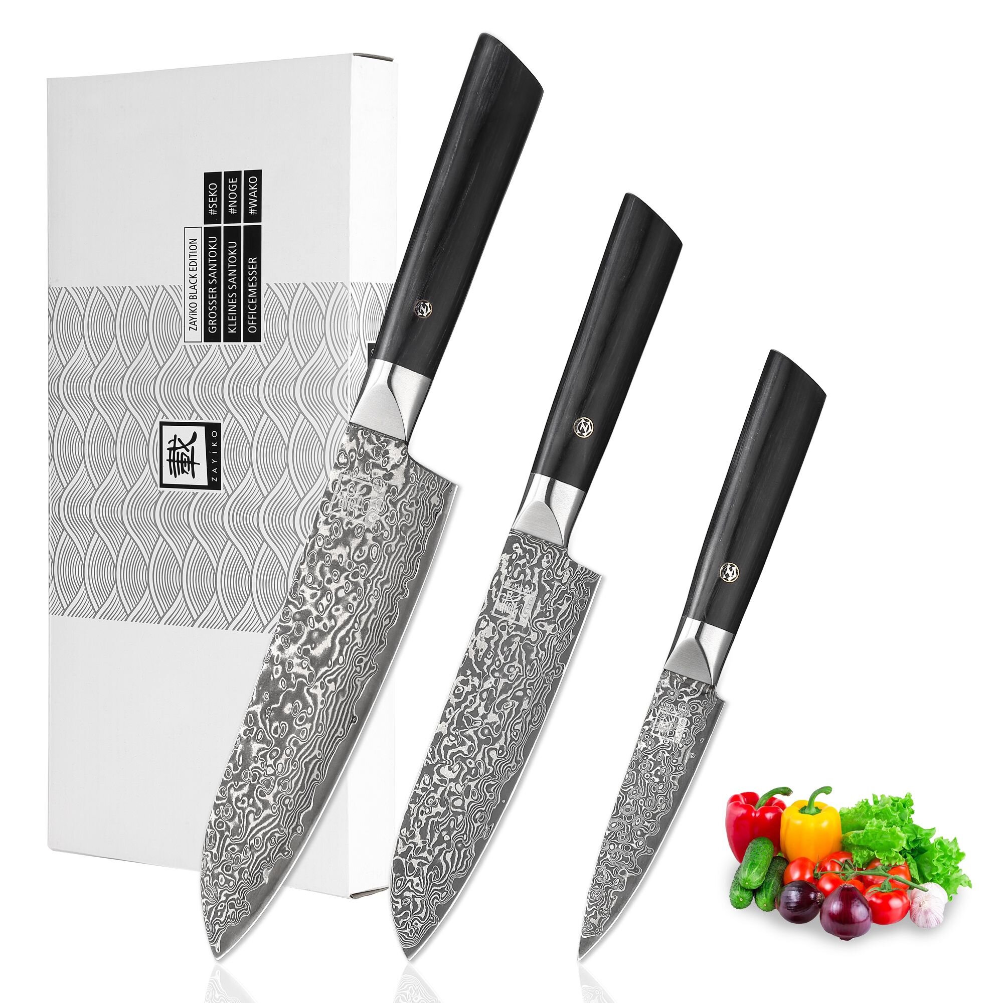 Zayiko Black Edition - 3er Set - Santoku, kleines Santoku, Officemesser - Damastmesser aus schwarzem Stahl