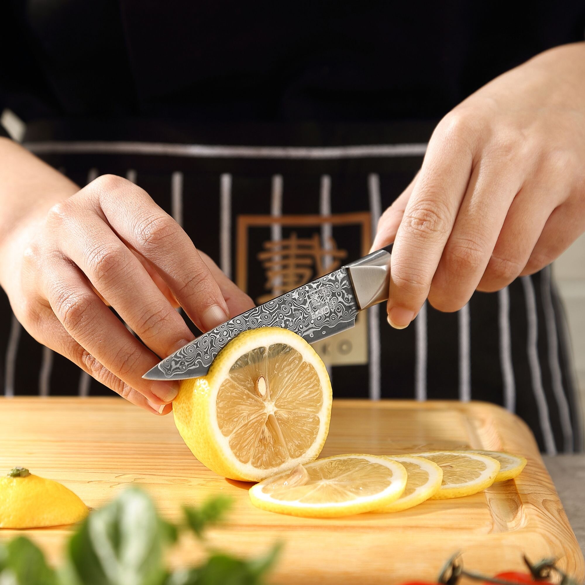 Zayiko Black Edition - 3er Set - Santoku, kleines Santoku, Officemesser - Damastmesser aus schwarzem Stahl