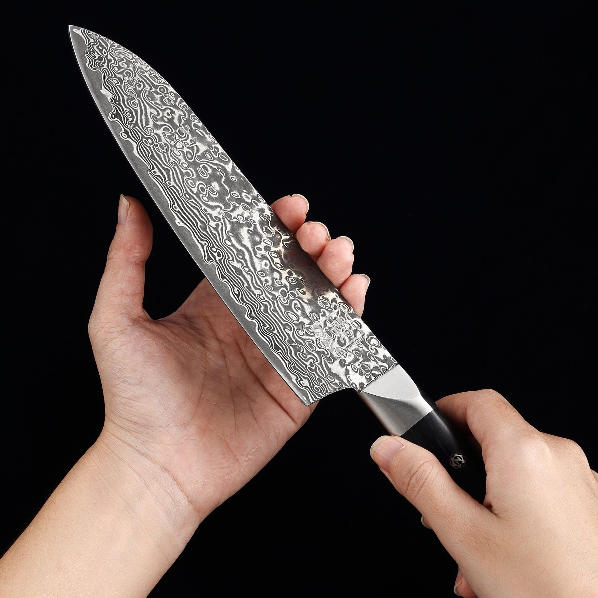 Zayiko Black Edition - 3er Set - Santoku, kleines Santoku, Officemesser - Damastmesser aus schwarzem Stahl