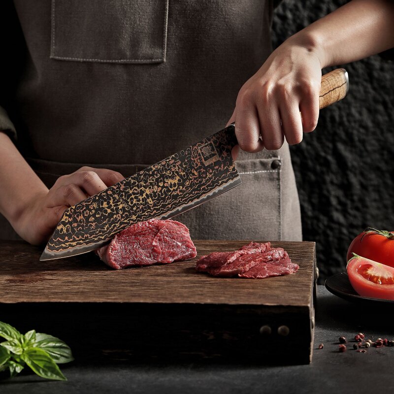 Zayiko BlackMagma - Kiritsuke 21cm - Damastmesser in schwarz mit Bronze- und Kupferelementen