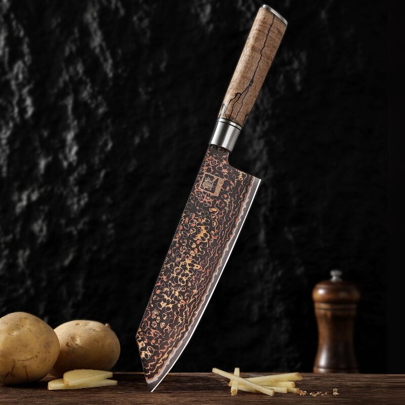 Zayiko BlackMagma - Kiritsuke 21cm - Damastmesser in schwarz mit Bronze- und Kupferelementen