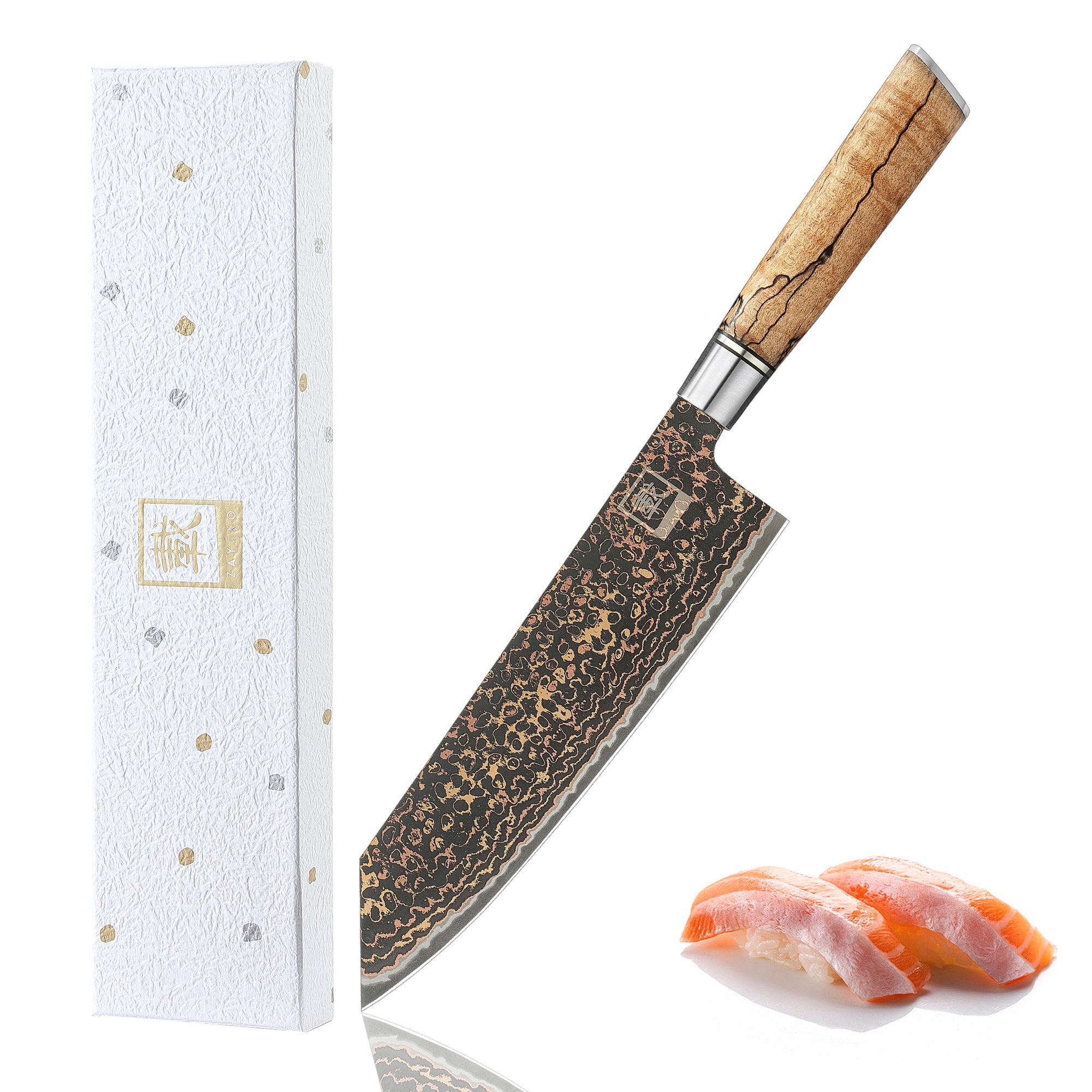 Zayiko BlackMagma - Kiritsuke 21cm - Damastmesser in schwarz mit Bronze- und Kupferelementen