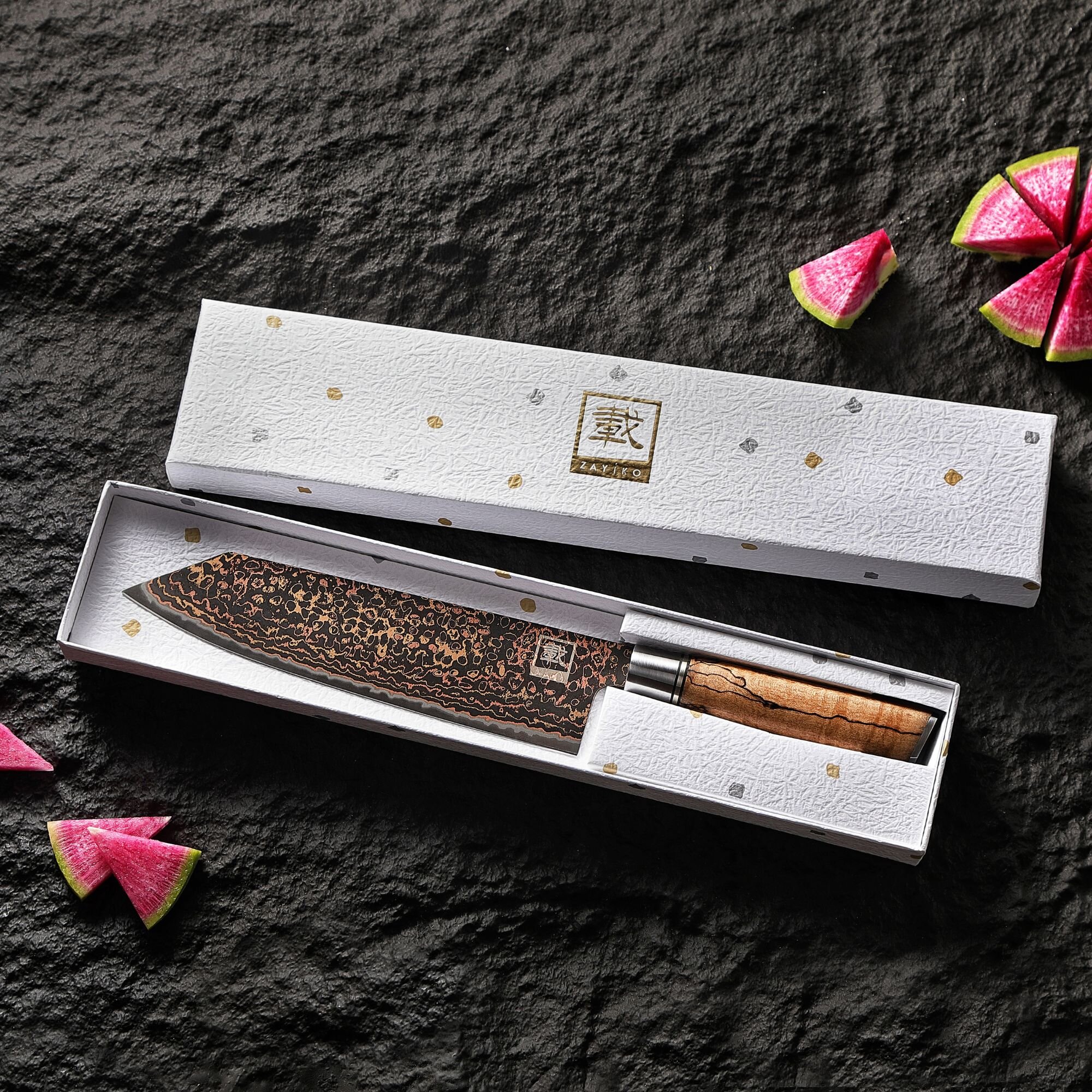 Zayiko BlackMagma - Kiritsuke 21cm - Damastmesser in schwarz mit Bronze- und Kupferelementen