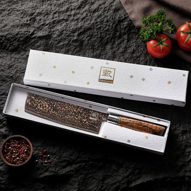 Zayiko BlackMagma - Nakiri 18cm - Damastmesser in schwarz mit Bronze- und Kupferelementen