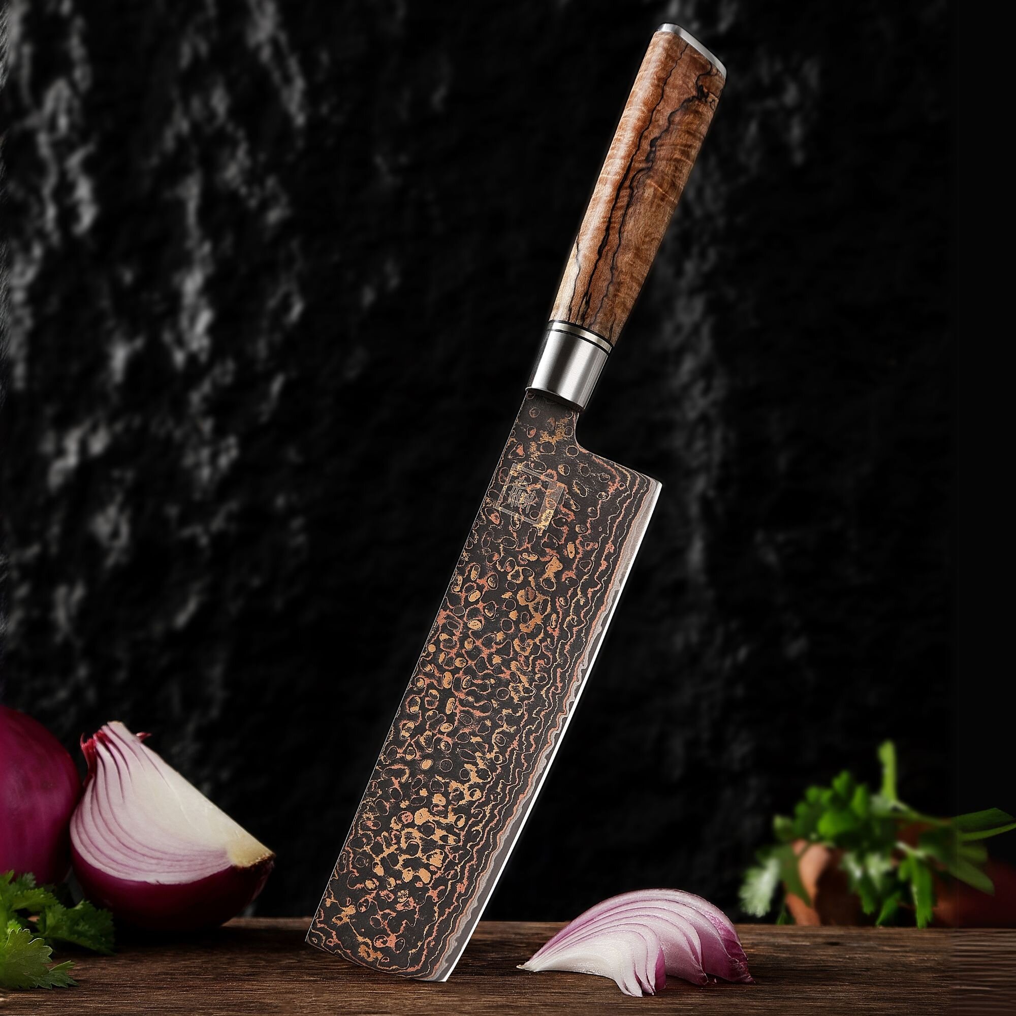 Zayiko BlackMagma - Nakiri 18cm - Damastmesser in schwarz mit Bronze- und Kupferelementen