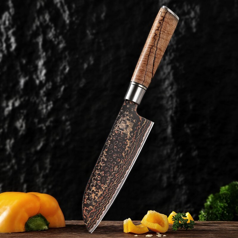 Zayiko BlackMagma - Santoku 16,5 cm - Damastmesser in schwarz mit Bronze- und Kupferelementen
