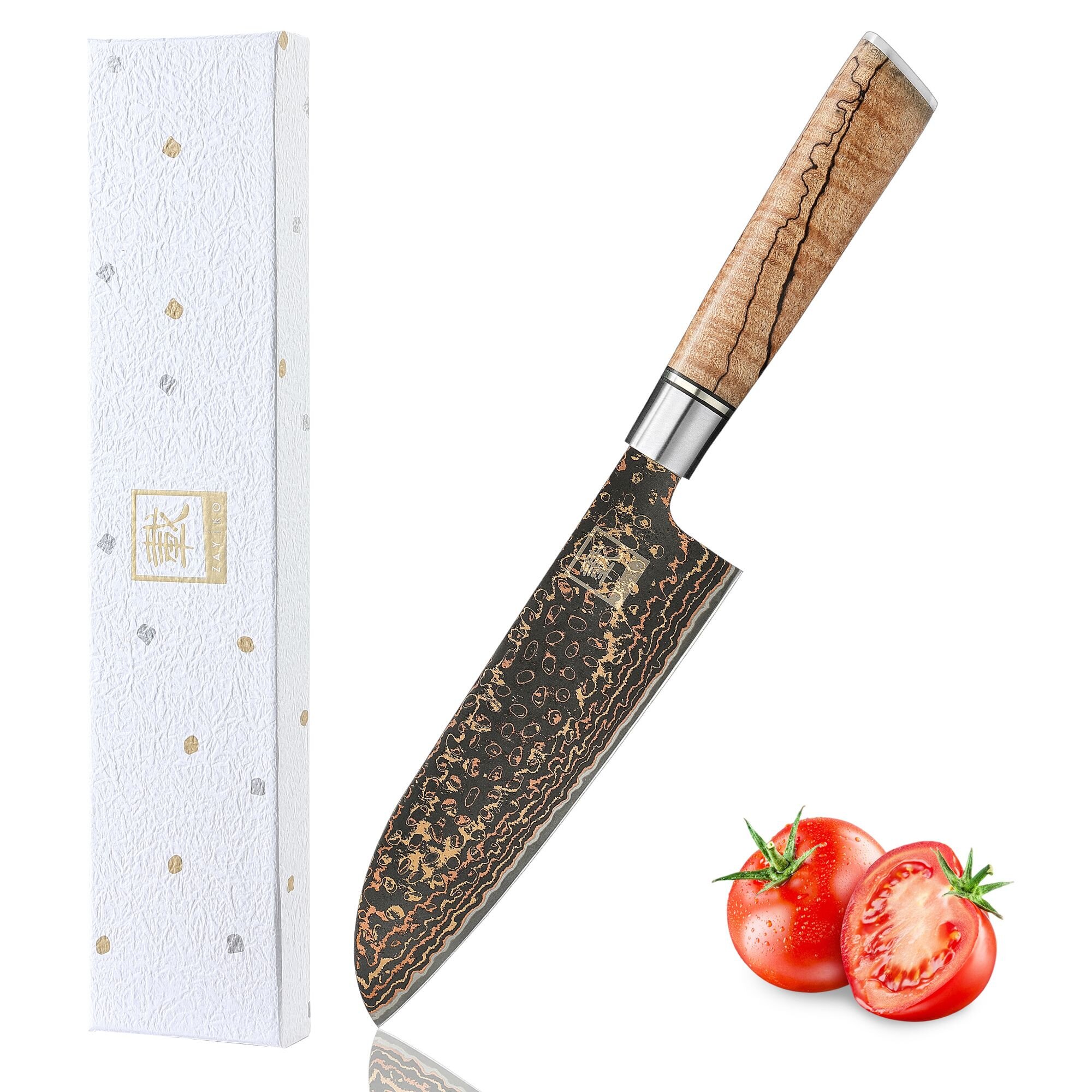 Zayiko BlackMagma - Santoku 16,5 cm - Damastmesser in schwarz mit Bronze- und Kupferelementen