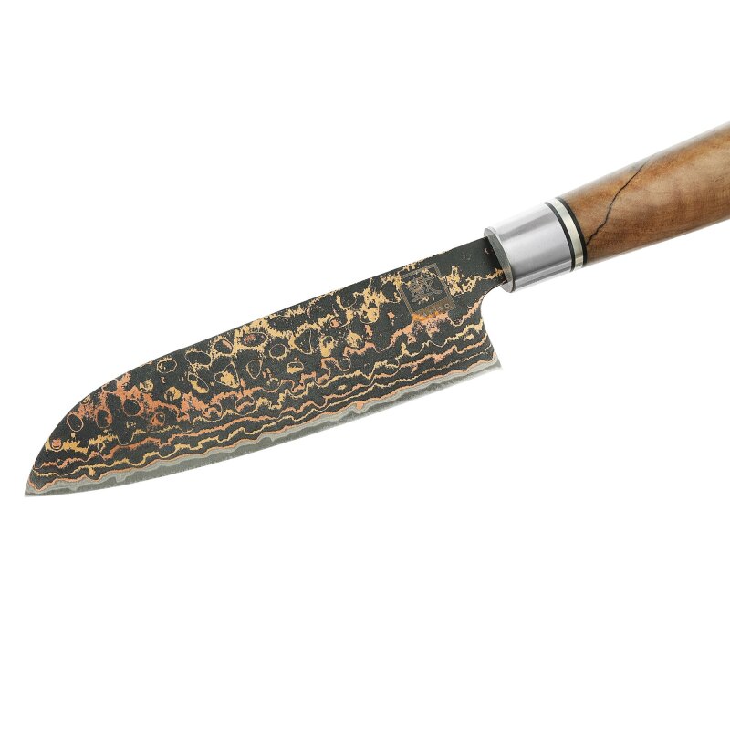 Zayiko BlackMagma - Santoku klein 12 cm - Damastmesser in schwarz mit Bronze- und Kupferelementen