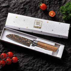 Zayiko BlackMagma - Santoku klein 12 cm - Damastmesser in schwarz mit Bronze- und Kupferelementen