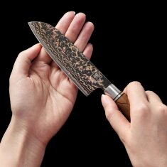 Zayiko BlackMagma - Santoku klein 12 cm - Damastmesser in schwarz mit Bronze- und Kupferelementen