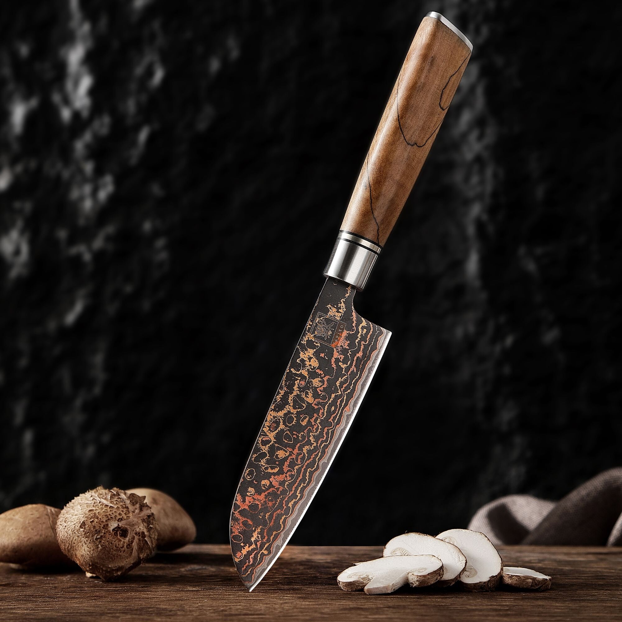 Zayiko BlackMagma - Santoku klein 12 cm - Damastmesser in schwarz mit Bronze- und Kupferelementen
