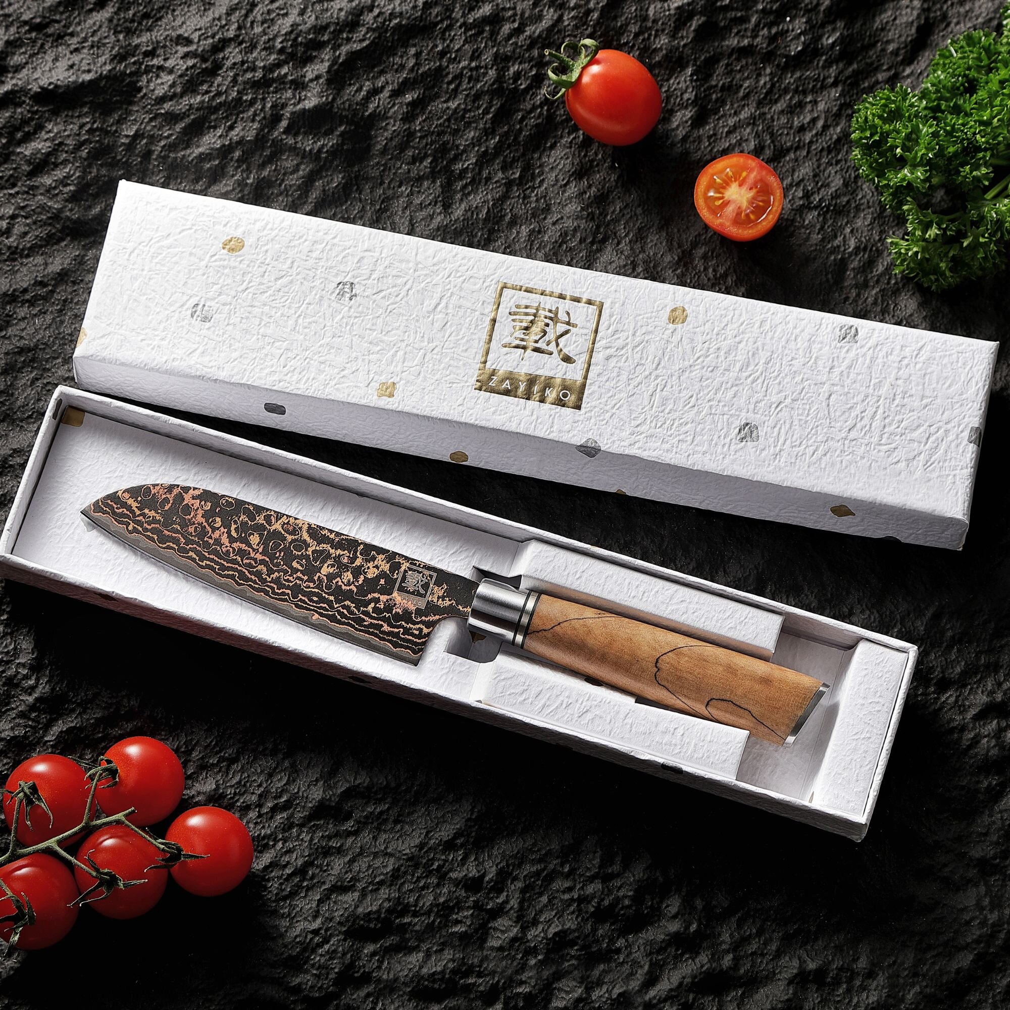 Zayiko BlackMagma - Santoku klein 12 cm - Damastmesser in schwarz mit Bronze- und Kupferelementen