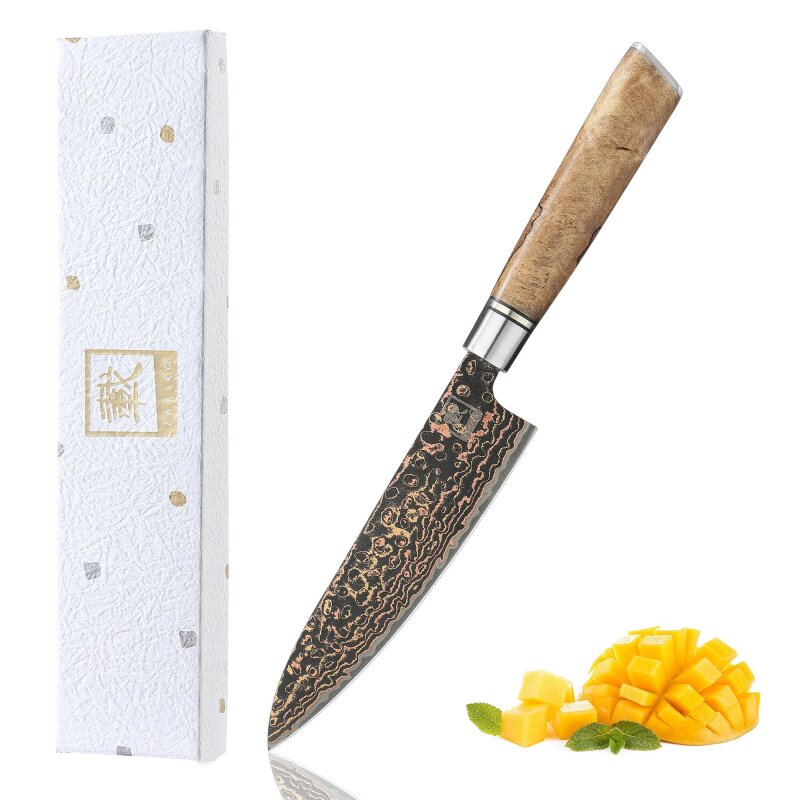 Zayiko BlackMagma - Allzweckmesser 14 cm - Damastmesser in schwarz mit Bronze- und Kupferelementen