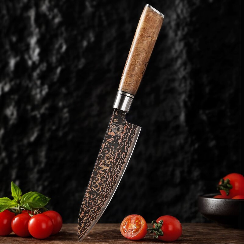 Zayiko BlackMagma - Allzweckmesser 14 cm - Damastmesser in schwarz mit Bronze- und Kupferelementen