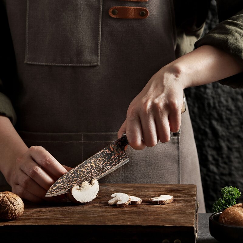 Zayiko BlackMagma - Allzweckmesser 14 cm - Damastmesser in schwarz mit Bronze- und Kupferelementen