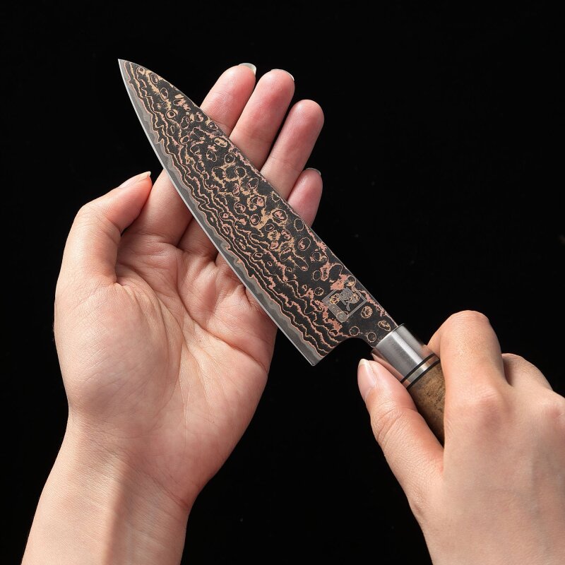 Zayiko BlackMagma - Allzweckmesser 14 cm - Damastmesser in schwarz mit Bronze- und Kupferelementen