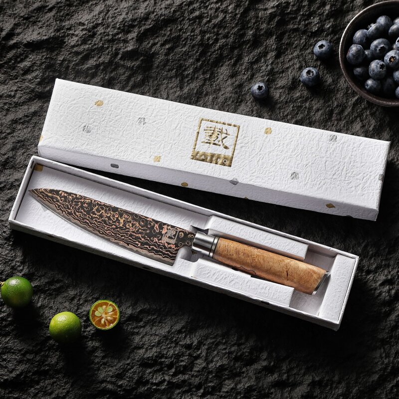 Zayiko BlackMagma - Allzweckmesser 14 cm - Damastmesser in schwarz mit Bronze- und Kupferelementen