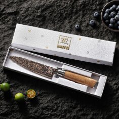 Zayiko BlackMagma - Allzweckmesser 14 cm - Damastmesser in schwarz mit Bronze- und Kupferelementen