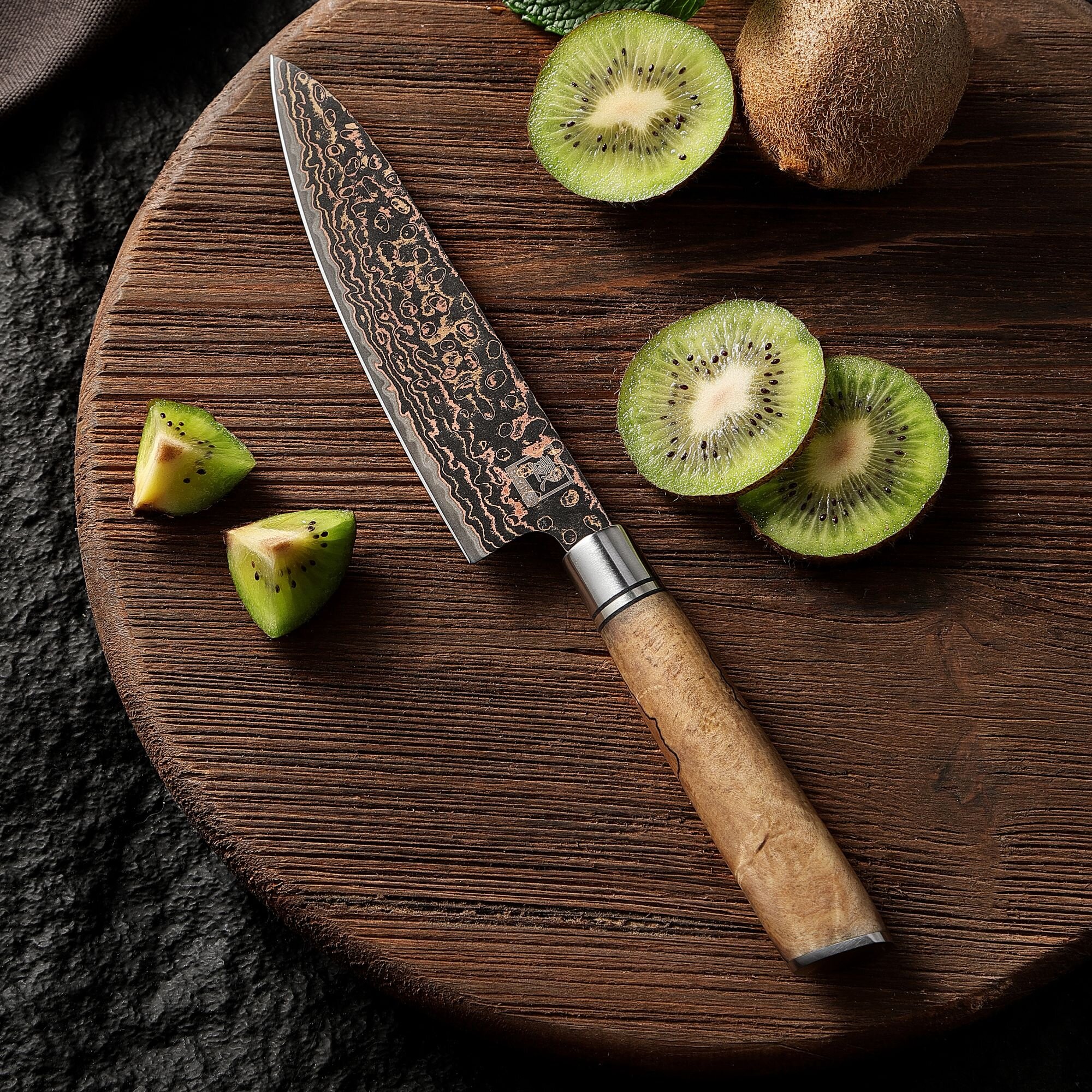 Zayiko BlackMagma - Allzweckmesser 14 cm - Damastmesser in schwarz mit Bronze- und Kupferelementen