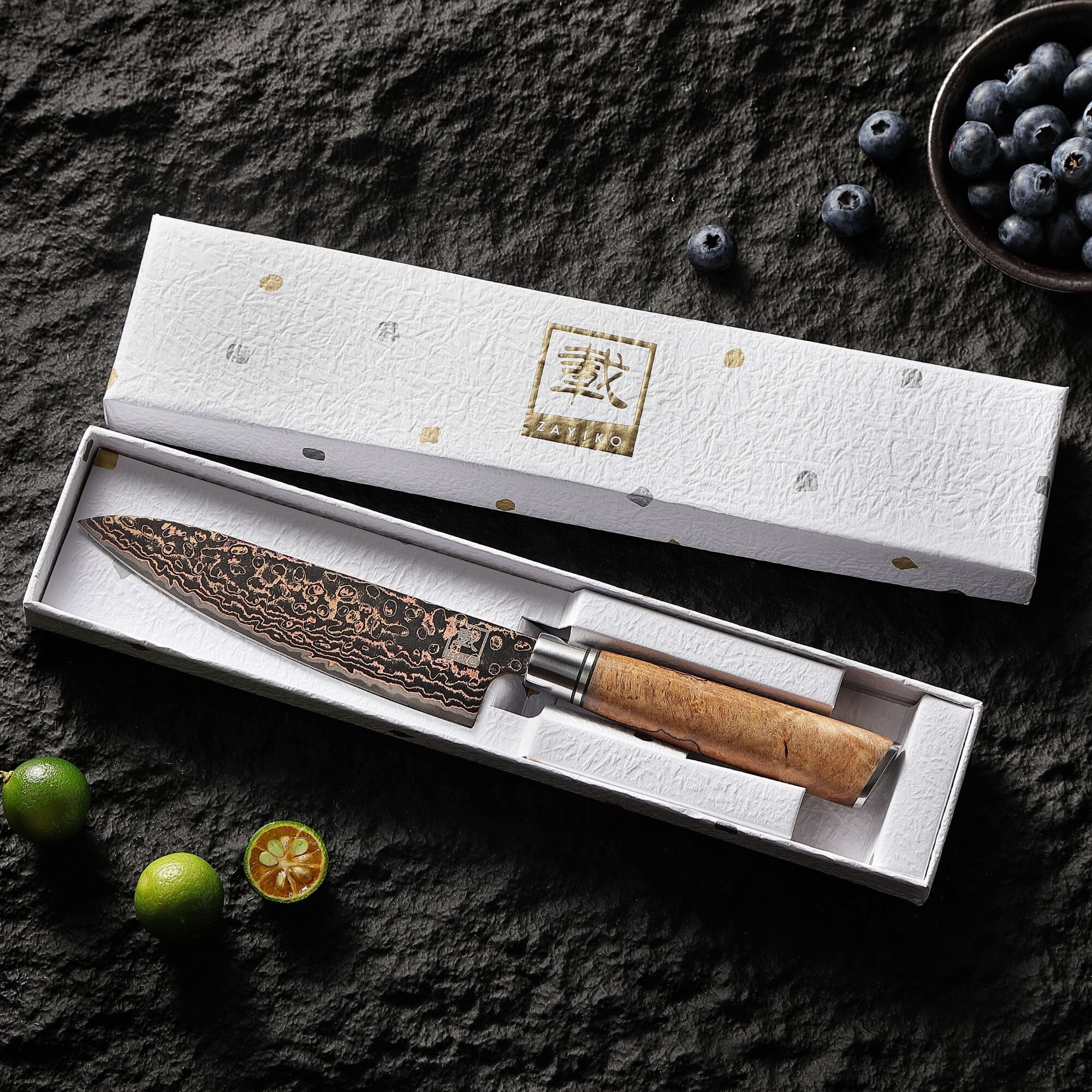 Zayiko BlackMagma - Allzweckmesser 14 cm - Damastmesser in schwarz mit Bronze- und Kupferelementen