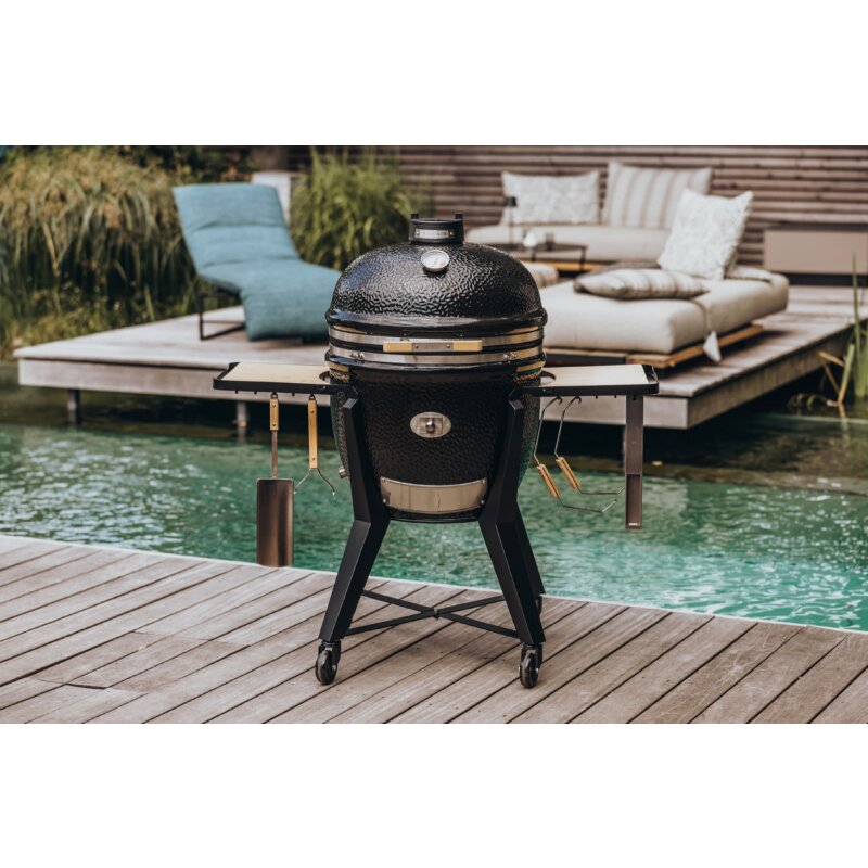 Keramikgrill Monolith Two.66 (LeChef) mit Gestell und Seitentischen, Schwarz