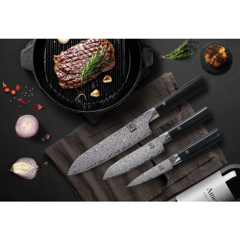 Zayiko Black Edition - 3er Set mit Messerblock - Santoku, kleines Santoku, Officemesser - Damastmesser aus schwarzem Stahl