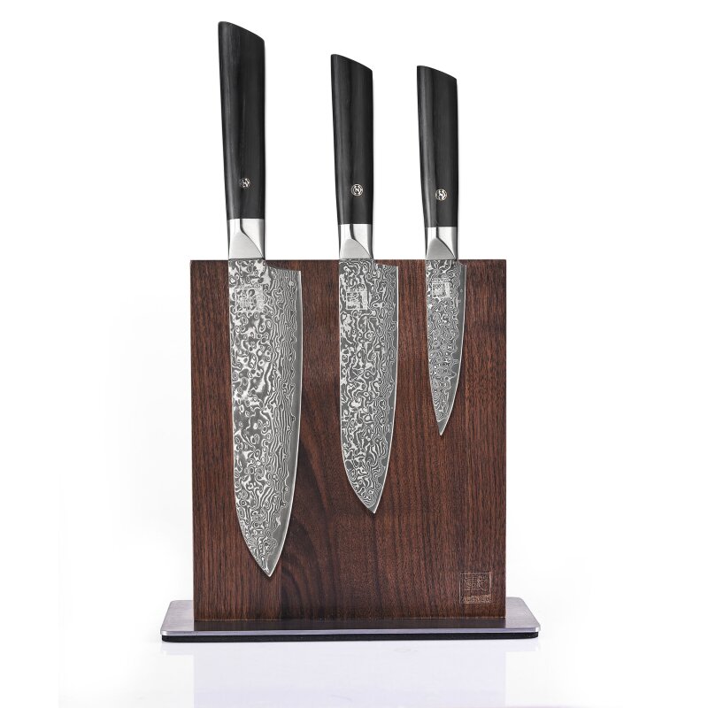 Zayiko Black Edition - 3er Set mit Messerblock - Santoku, kleines Santoku, Officemesser - Damastmesser aus schwarzem Stahl