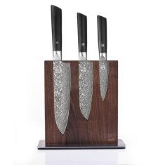 Zayiko Black Edition - 3er Set mit Messerblock - Santoku, kleines Santoku, Officemesser - Damastmesser aus schwarzem Stahl
