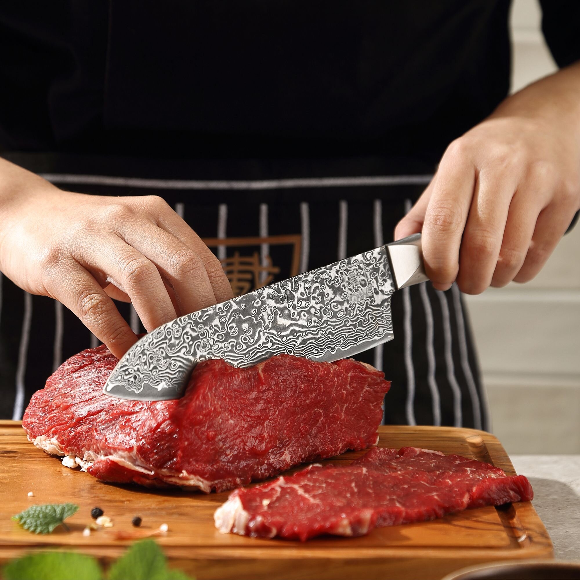 Zayiko Black Edition - 3er Set mit Messerblock - Santoku, kleines Santoku, Officemesser - Damastmesser aus schwarzem Stahl