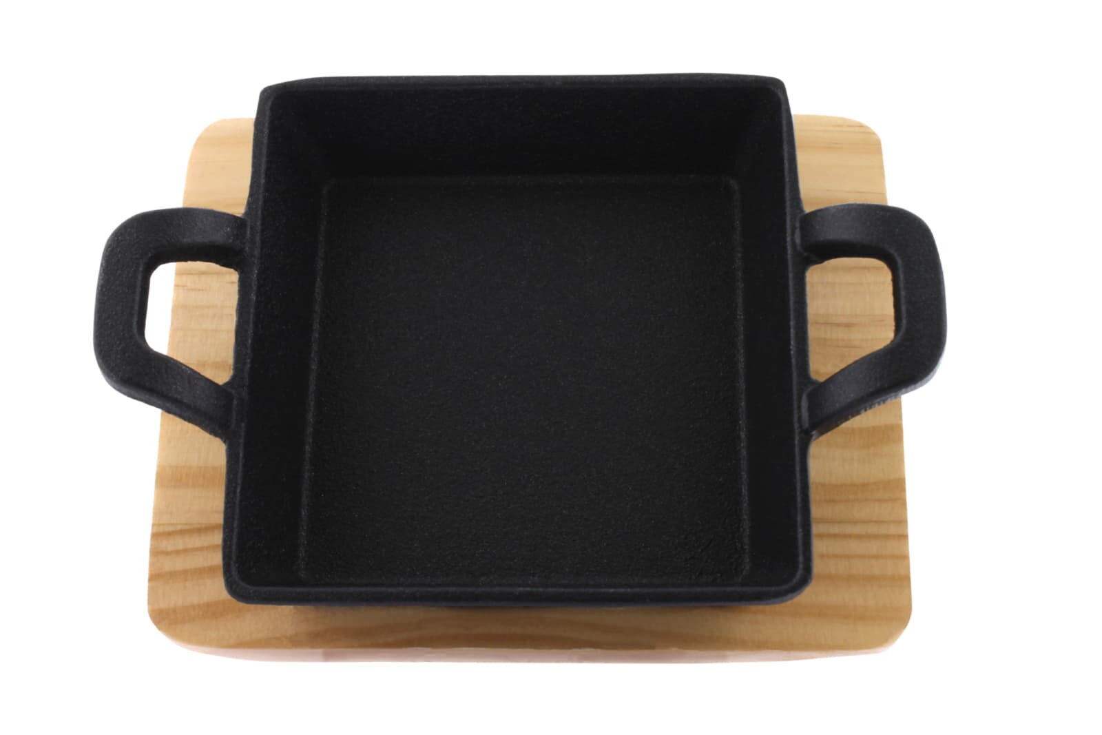 Mesa Dos eckige Gusspfanne mit Holzuntersetzer, 12,7 x 12,7 x 3,5 cm