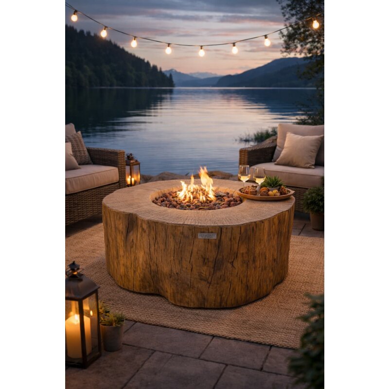 Loungetisch mit Gas Feuerstelle Elementi Manchester in Rotholz- Optik