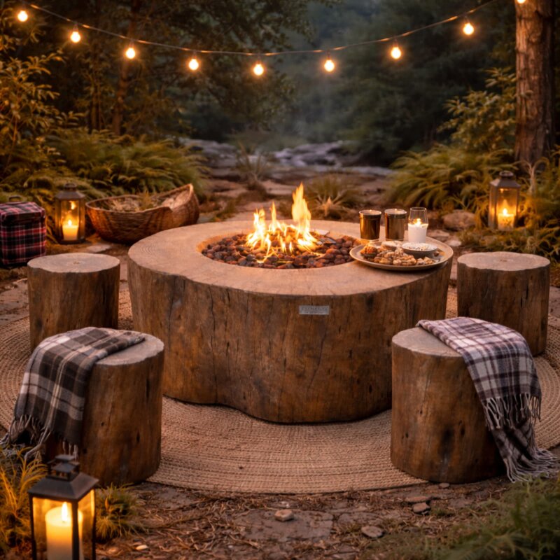 Loungetisch mit Gas Feuerstelle Elementi Manchester in Rotholz- Optik