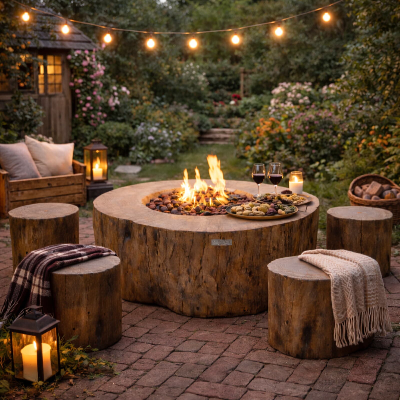 Loungetisch mit Gas Feuerstelle Elementi Manchester in Rotholz- Optik