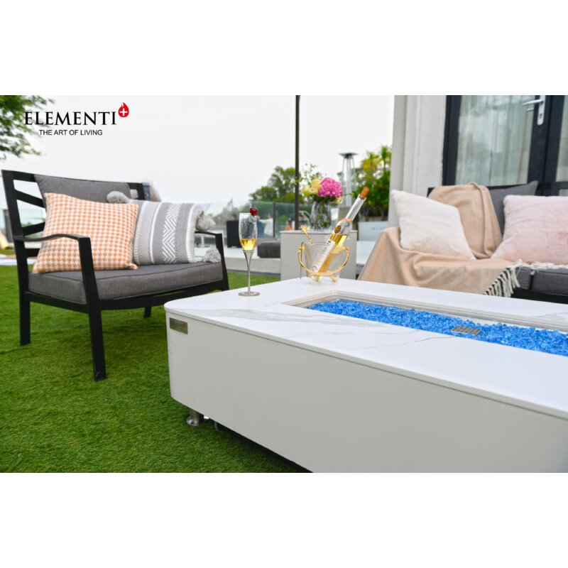 Loungetisch mit Gas Feuerstelle Elementi+ Athens in Marmor- Optik, Weiß