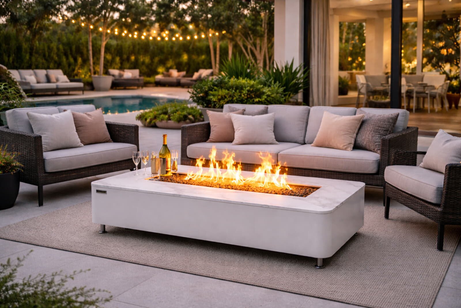 Loungetisch mit Gas Feuerstelle Elementi+ Athens in Marmor- Optik, Weiß