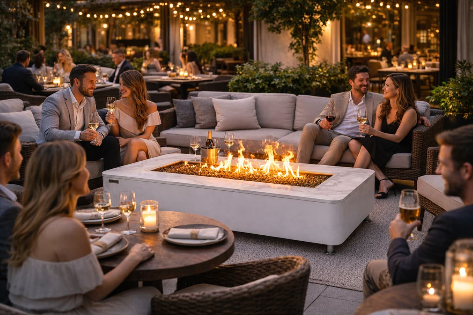 Loungetisch mit Gas Feuerstelle Elementi+ Athens in Marmor- Optik, Weiß