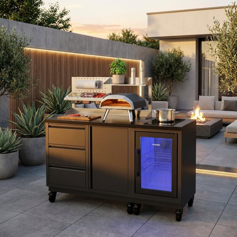 Vivandio quub Kompakte Gartenküche mit Kühlschrank & Kochfeld, mattschwarz