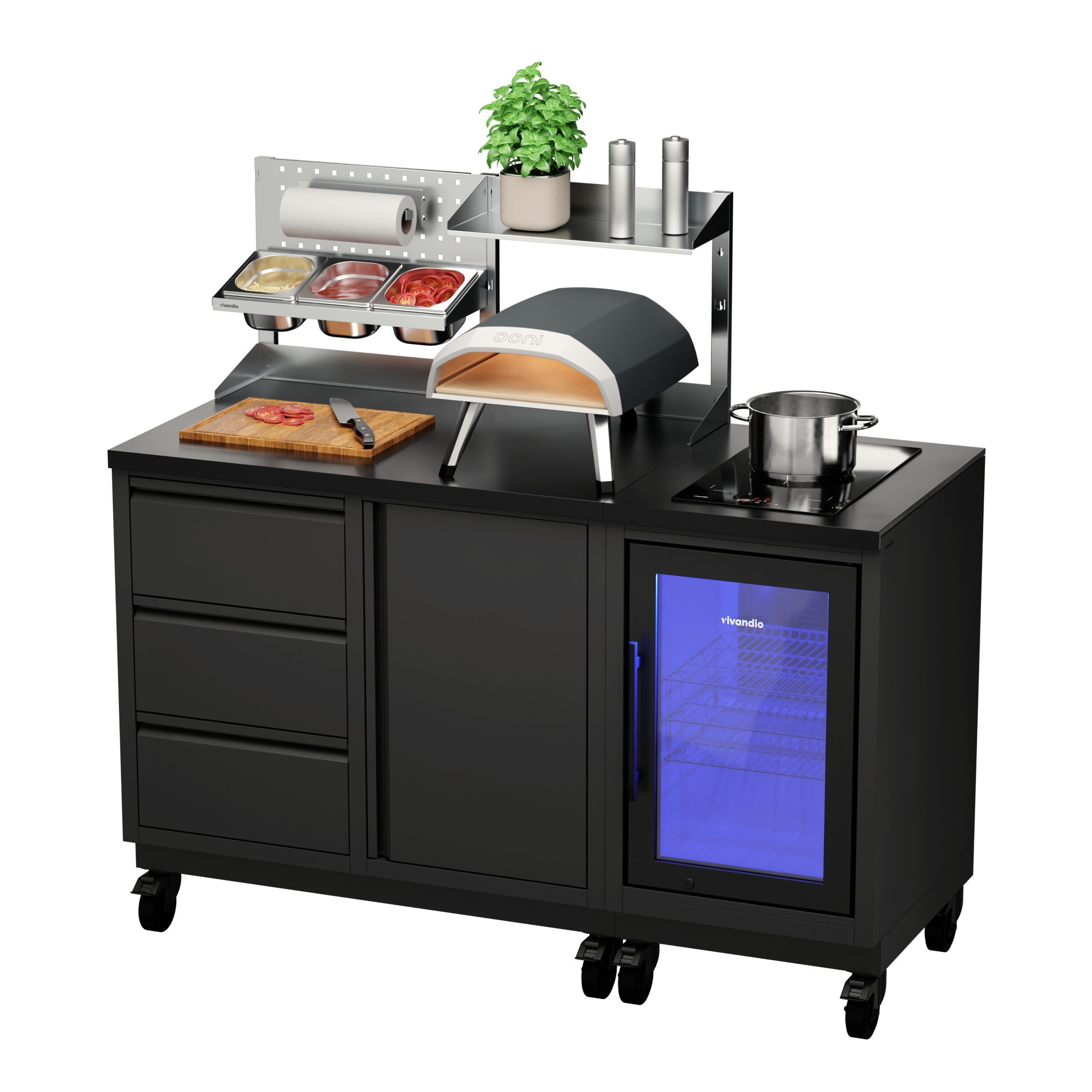 Vivandio quub Kompakte Gartenküche mit Kühlschrank & Kochfeld, mattschwarz