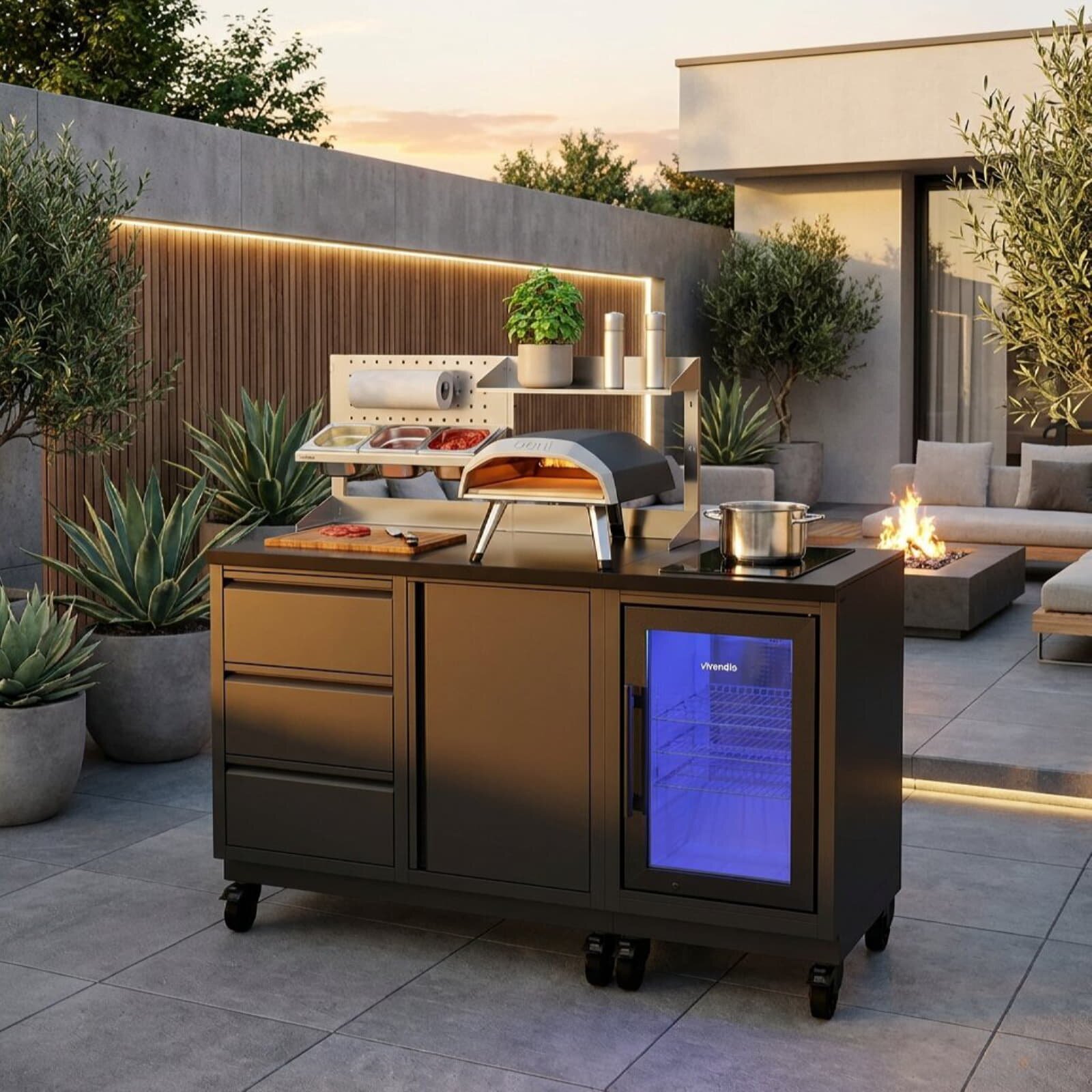 Vivandio quub Kompakte Gartenküche mit Kühlschrank & Kochfeld, mattschwarz