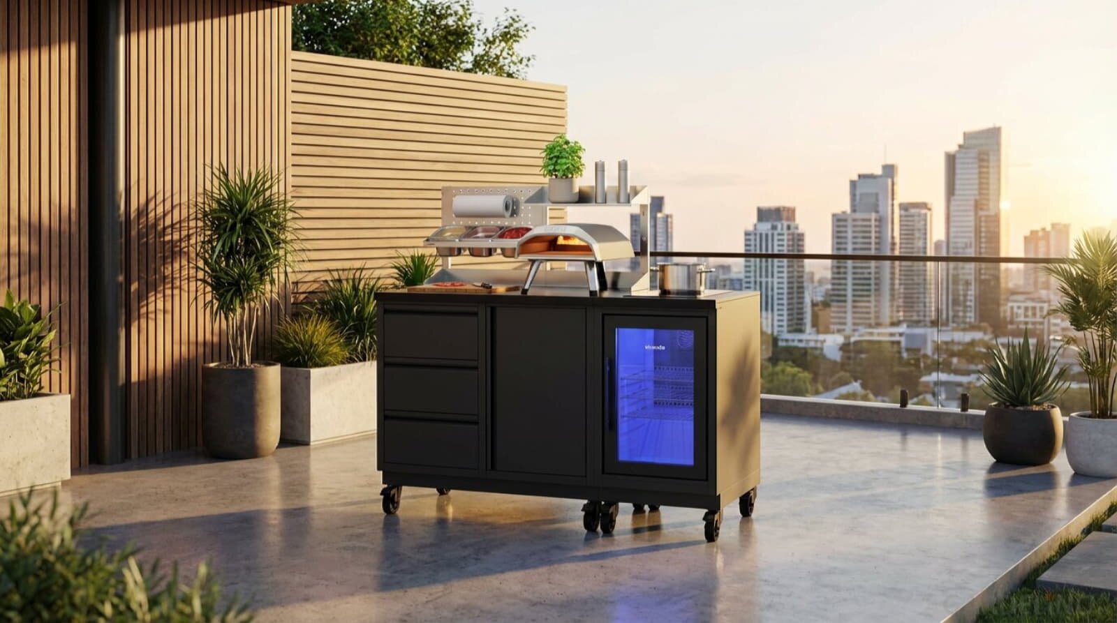 Vivandio quub Kompakte Gartenküche mit Kühlschrank & Kochfeld, mattschwarz